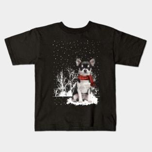 Christmas Chihuahua With Scarf In Winter Forest Kids T-Shirt